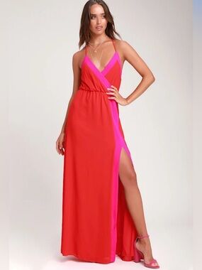 Lulu's Bright Side Coral Red Color Block Maxi Dress